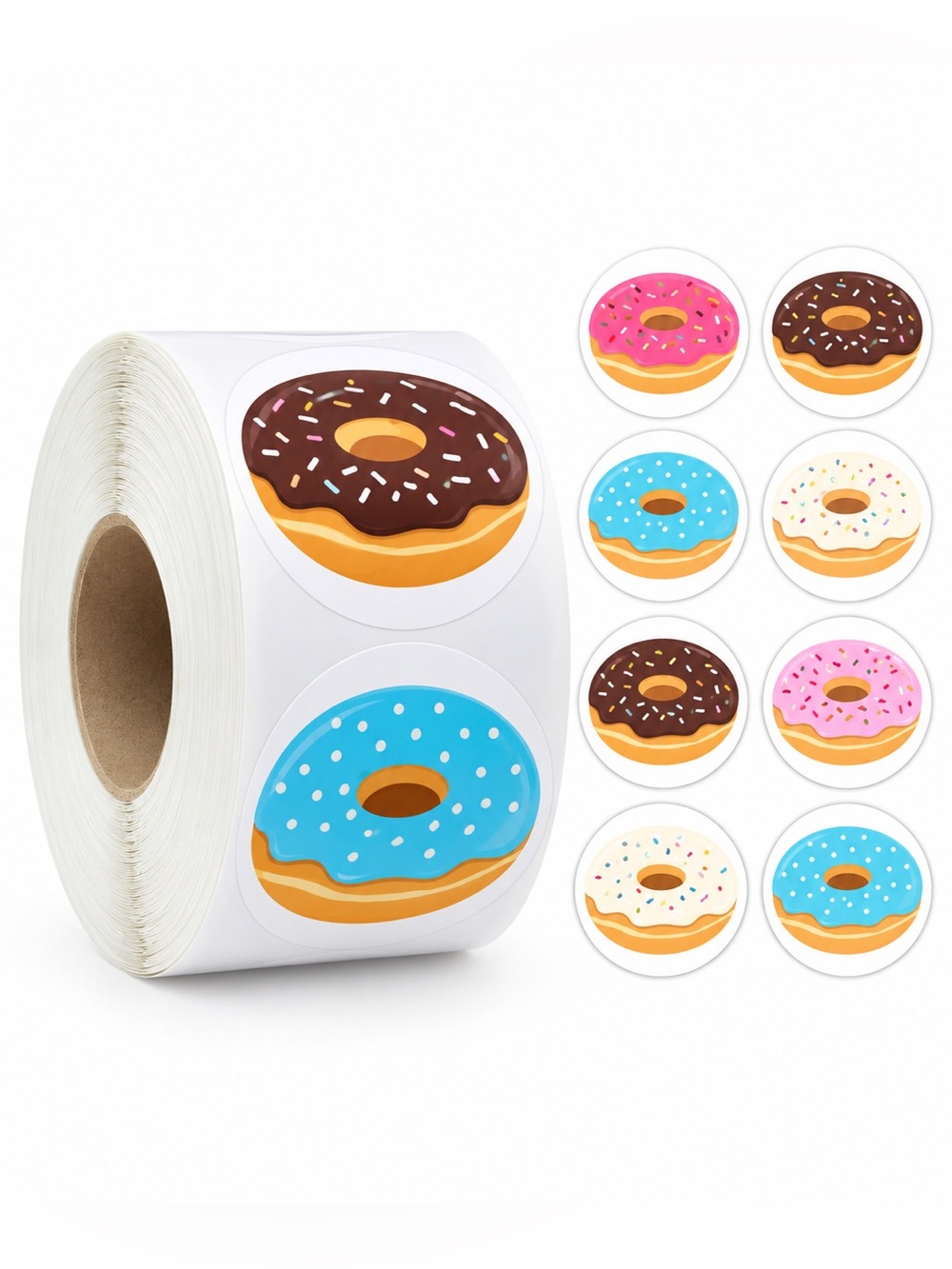 500 Piece Donut Stickers Roll 8 Designs 1 Inch Self Adhesive Labels NEW